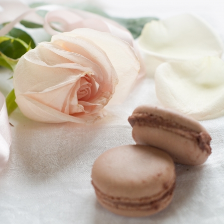 Pink rose with chocolate macarons, selective focus. Valentine day card design の写真素材