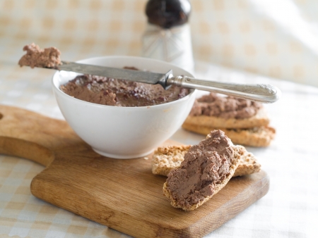 Chicken liver pate on bread, selective focus
