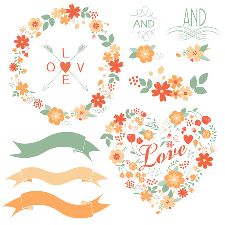 Floral graphic set with wreath, flowers, arrows, heart, robbon and labels. のイラスト素材