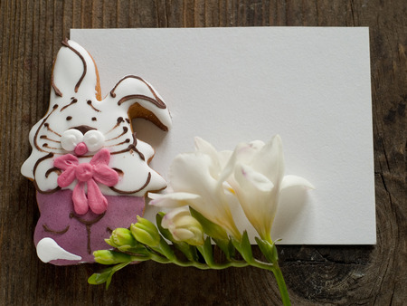 Easter decoration with cookie and flower, selective focus