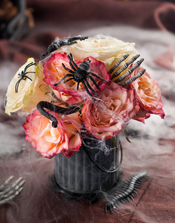 Rose bouquet of red and white roses for Halloween, selective focusの写真素材