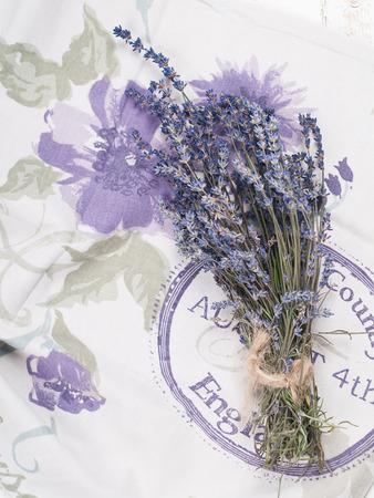 Bunch of lavender flowers on table, selective focus の写真素材