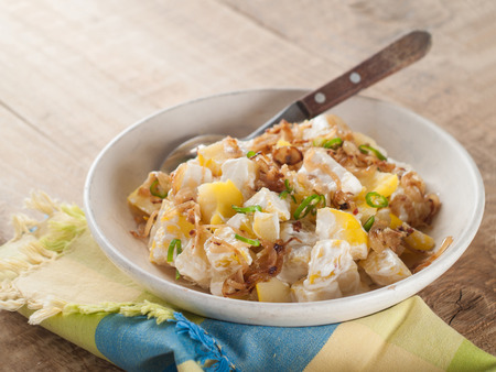 A bowl of potato salad with fried onions, selective focusの写真素材