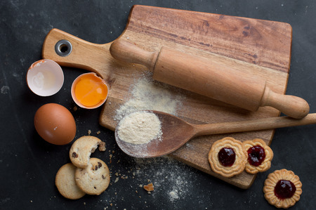 Baking pastry ingredients, selective focus. Cooking course poster background - layout with free text space.の写真素材