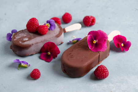 Classic chocolate ice cream with berry on grey  background, selective focusの写真素材