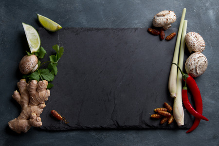 Ingredients for spicy asian food with fried insect (silk worm), top view, selective focusの写真素材