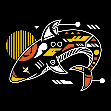 Vector Illustration. Perfect Shark in Black Background. Unique Lineart Styleのイラスト素材