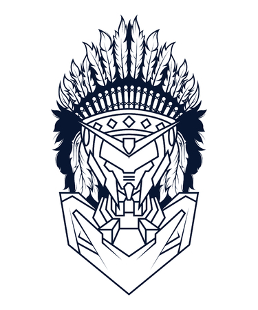 Indian Mecha in White Background. Perfect for T-Shirt Design, Sticker, Poster, Tattoo. Line Styleのイラスト素材