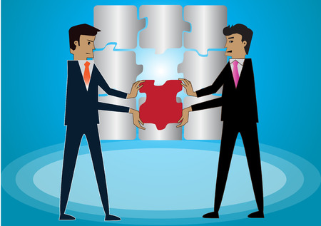 Business success, two men helped to put the puzzles,Business Teamwork, Construction Success,のイラスト素材