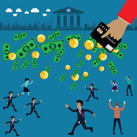 Money flying from man pocket into plastic money,credit card - vectorのイラスト素材