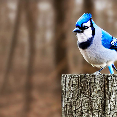 Blue jay bird sitting on a wooden post with a blurred backgroundの素材