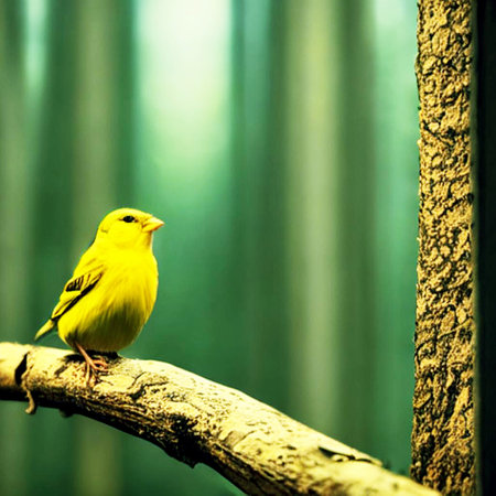 Yellow canary bird sitting on a branch in the forest. Selective focus.の素材