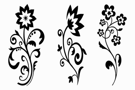 Vector set of decorative floral elements in black and white colors on white backgroundのイラスト素材