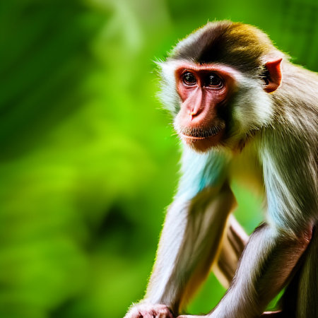 Monkey sitting on a tree and looking at camera with green backgroundの素材