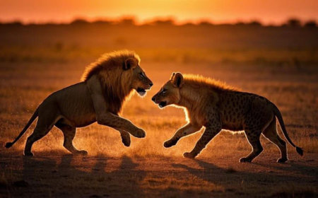 Lion and Hyena Interaction at Sunset in an African Savannah Landscape