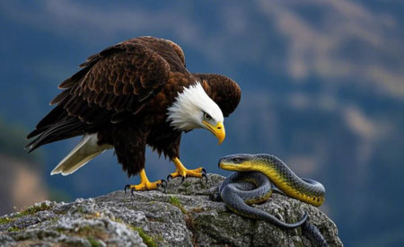 Bald Eagle and Snake on a Rock in the Mountains of Alaska