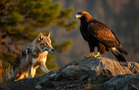 Close-up portrait of a golden eagle and a gray wolf, facing each other.
