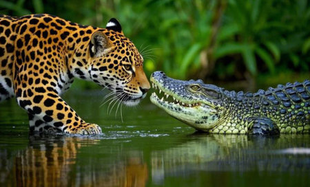 A jaguar and caiman share a close encounter in a rainforest pond.