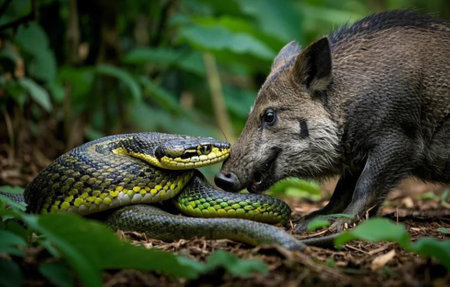 A close-up view of a striking snake, with vibrant green and yellow patterns, coiled around a wild boar.の写真素材