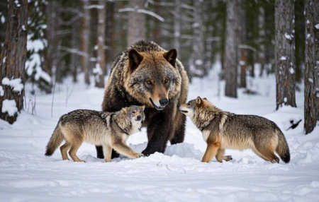 A captivating image of a wolf and bear interacting in a pristine winter forest.