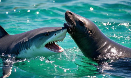 A captivating underwater image showcasing a great white shark and a seal interacting.