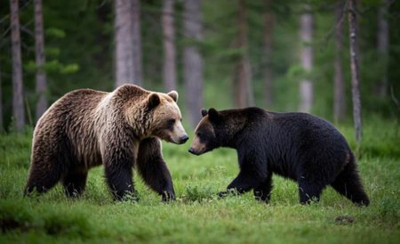 Two Brown Bears Encounter in Lush Forest Meadowの写真素材