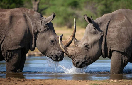 Two white rhinoceroses, heads lowered, interact in a shallow river.