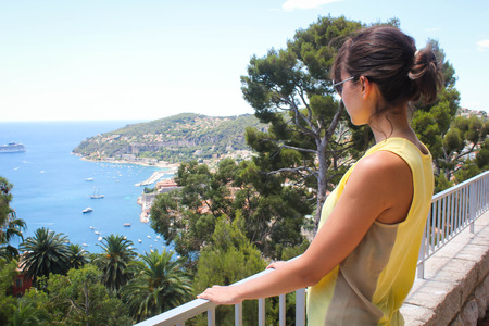 Young woman looking at the beautiful view in South Franceの写真素材
