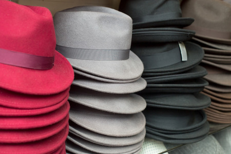 Hats in store on the shelfの写真素材