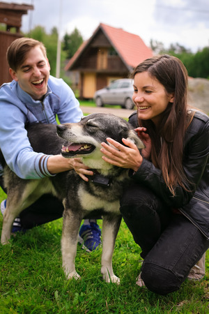 Young people playing with a dogの写真素材