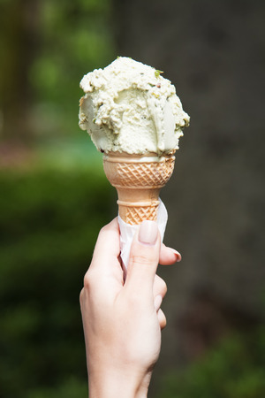 Delicious green pistachio ice cream close upの写真素材