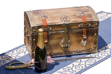 Treasure chest with bottle and sword.の写真素材