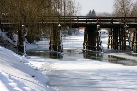 Winter, snow and ice by the river の写真素材