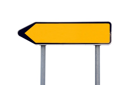 Blank yellow and black direction sign, isolated on white.の写真素材