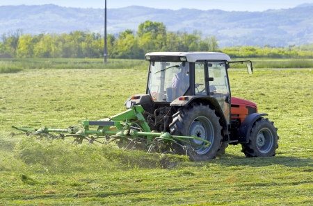 Tractor turning cut hay in a field.の写真素材