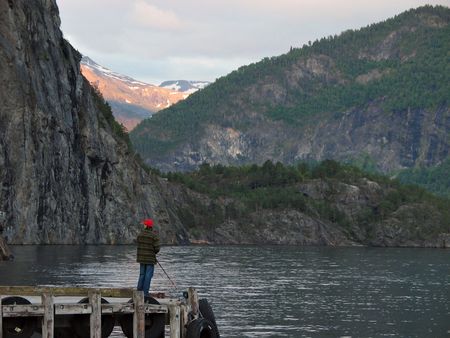 man fishing from a pier in a fjordの写真素材