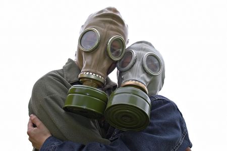 mother and child in gas-masks, isolated on white