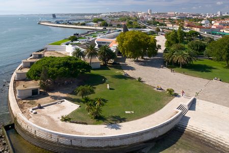 panoramic view on modern embankment of Tajo river, Lisbon, Portugalの写真素材