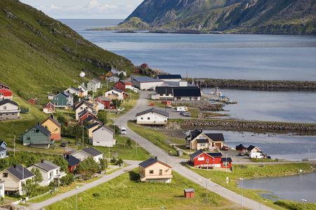 small norwegian fisher's village on Barents Sea coastの写真素材