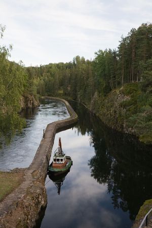 small old boat on Telemark Canal, Norwayの写真素材