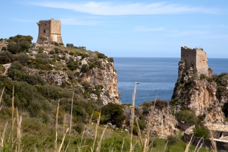 old two towers of Scopello, Sicily, Italyのeditorial素材
