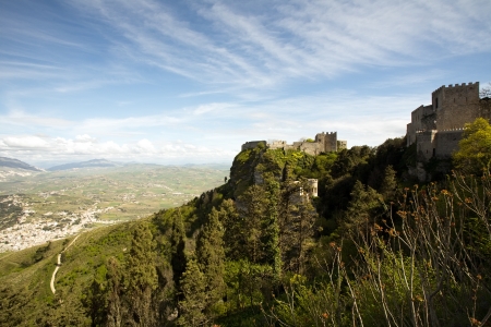 panoramic view of ancient fortresses of Erice town, Sicily, Italyのeditorial素材