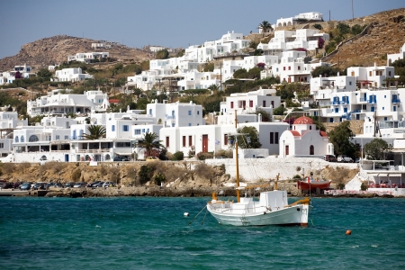 sea view on small Greek town with white houses on the hill of Mykonos islandのeditorial素材