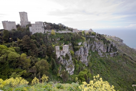 panoramic view with ancient fortresses of Erice town on the rock, Sicily, Italyのeditorial素材
