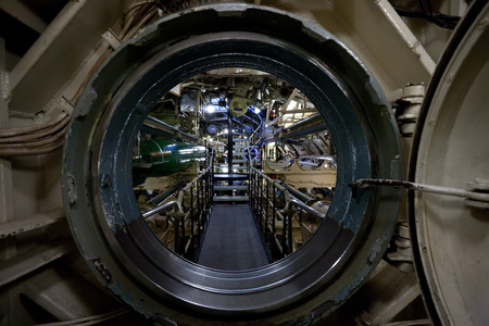 submarine view through manhole, interior with devices and technical equipmentのeditorial素材