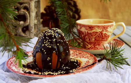 Christmas dessert pear with chocolateの写真素材