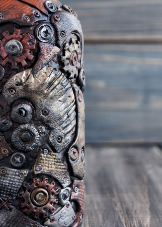 steampank background with black wooden planks metallの写真素材