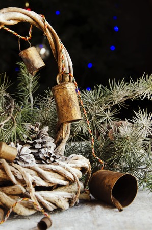 Christmas card with fir branches, tangerines, pine cones, and decoration elements , selective focusの写真素材