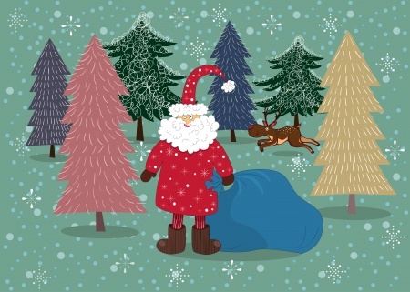 Santa on a winter background with Christmas trees and runnning deerのイラスト素材