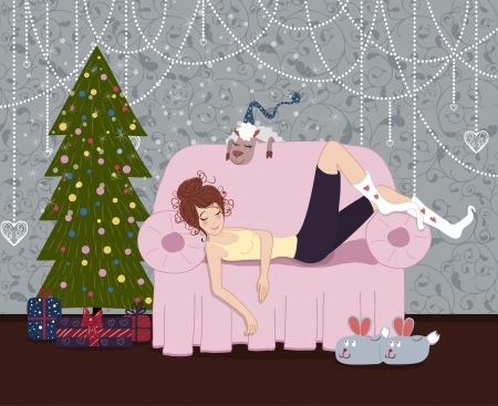 The girl sleeping on a sofa and a sheep near the Christmas tree with presents  And funny slippers のイラスト素材